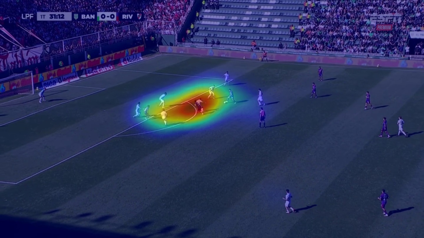 PredJSal heatmap concentrated on the player cluster near the ball, rather than all players equally.