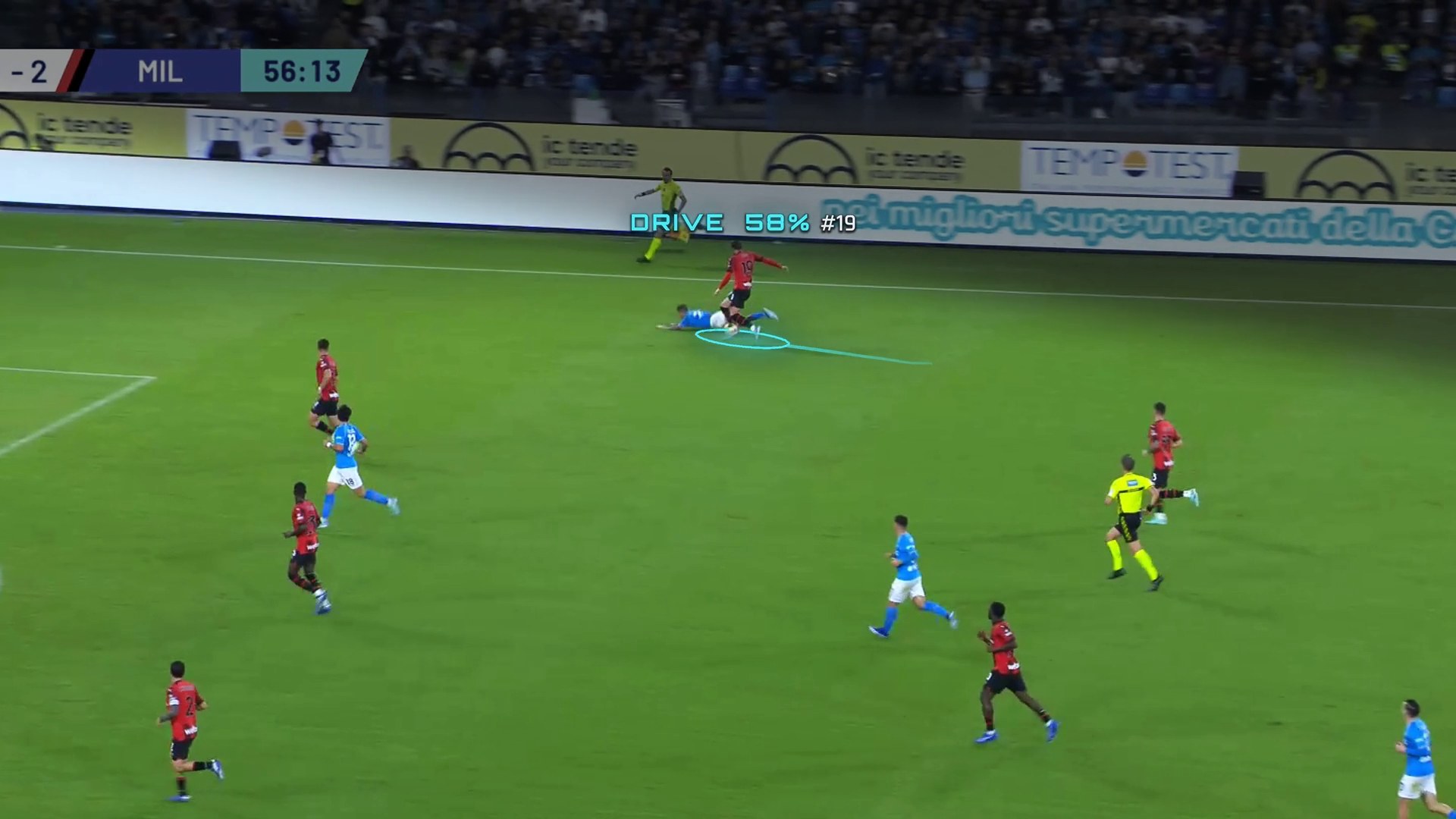 A frame where a defender takes the ball from an opponent while the overlay labels the moment as a drive.